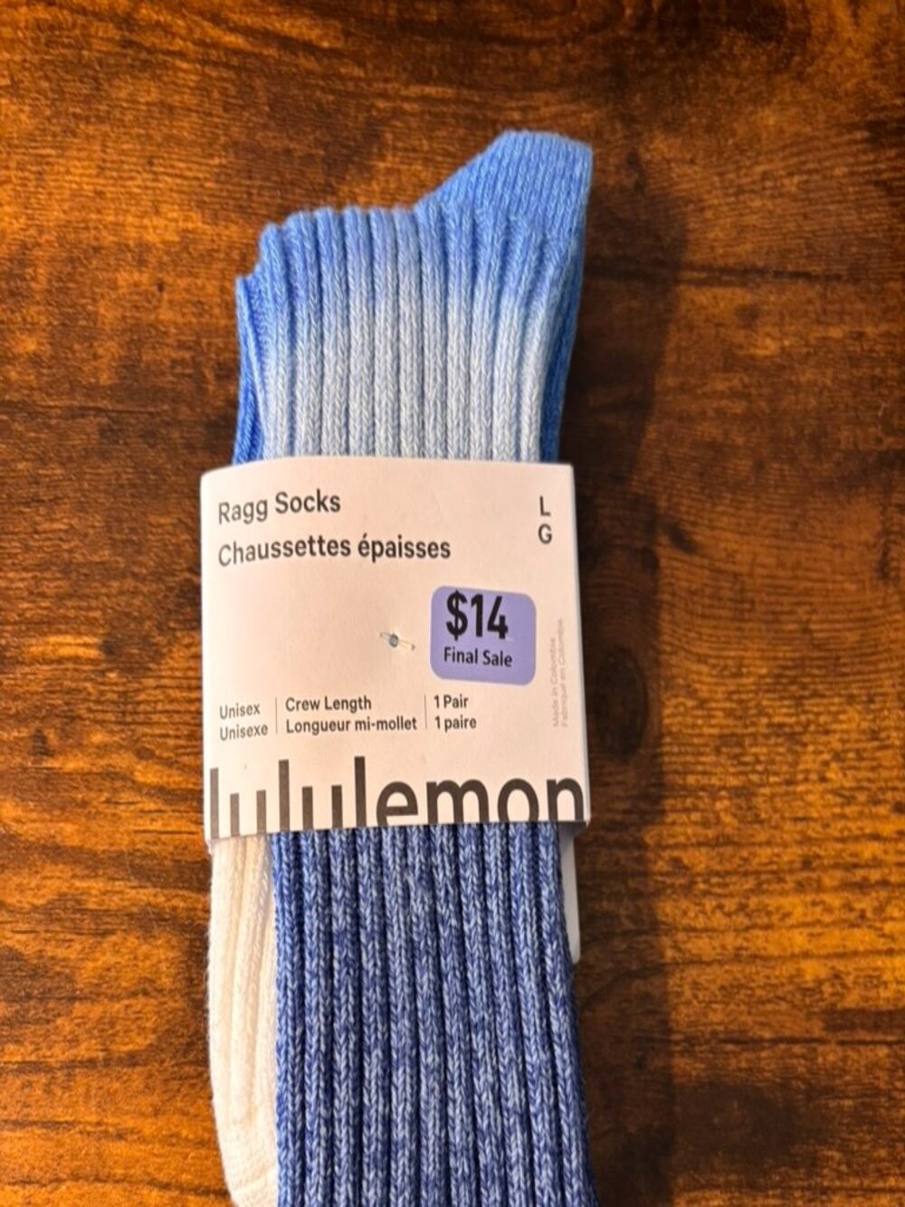 lululemon Ragg Socks Blue White Crew Size L Unisex NWT